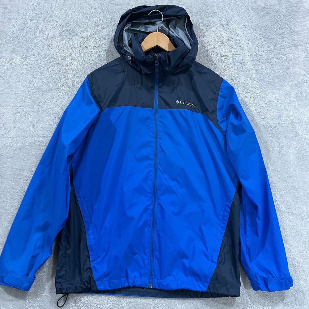 Columbia Jacket Mens Small Blue Navy Royal Packable Hooded Rain Glennaker Lake